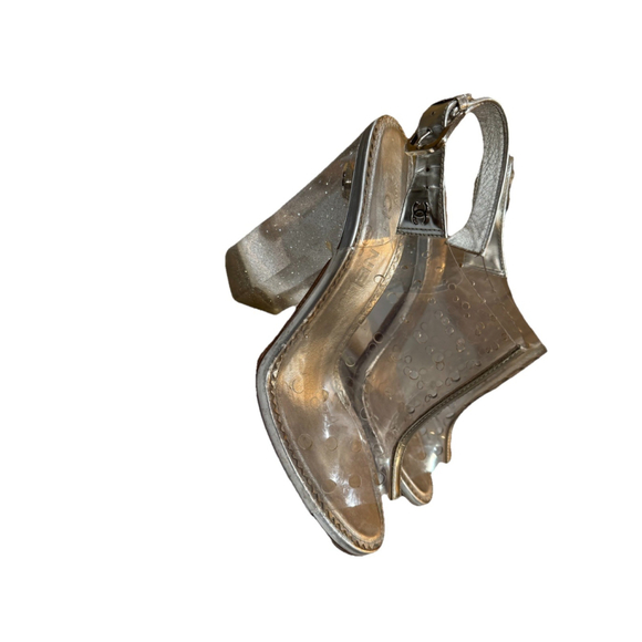 CHANEL Silver Leather And Clear Perforated PVC Slingback Heels - Picture 6 of 16